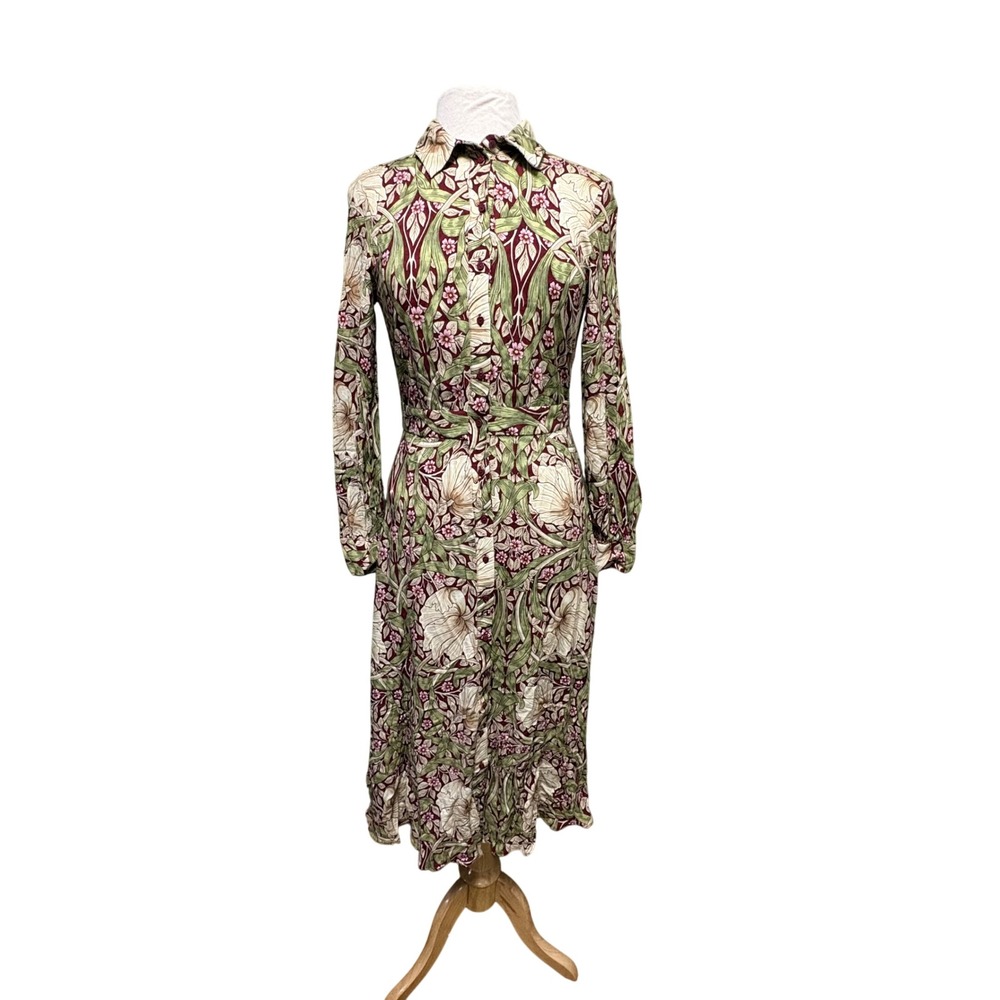 Morris & Co x H&M Floral Midi Shirt Dress Burgundy Green US 4 William Morris